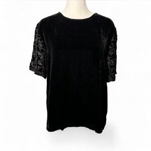 Vintage Annie Alexander Black Velvet Top L with Silk Floral Sleeves